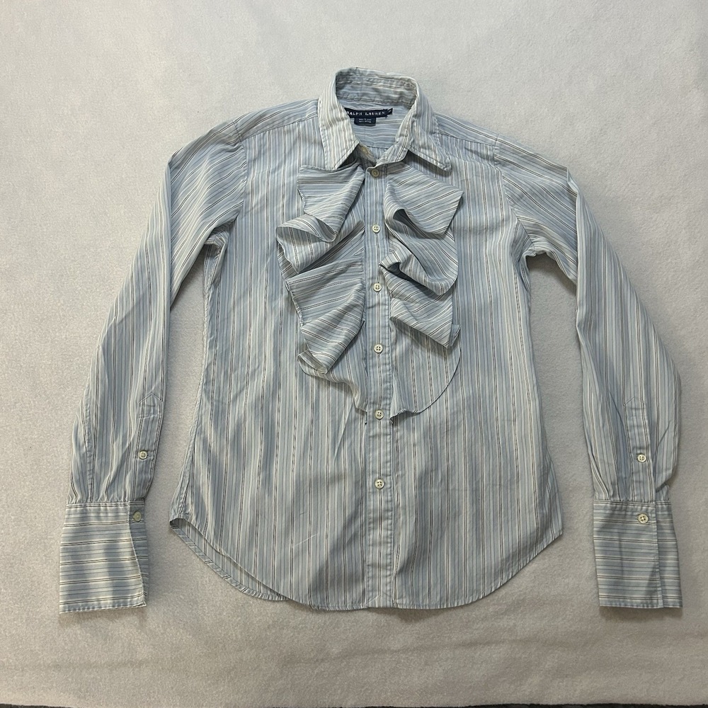 Ralph Lauren Women's 10 Blue White Striped Ruffle Front Button Down Shirt